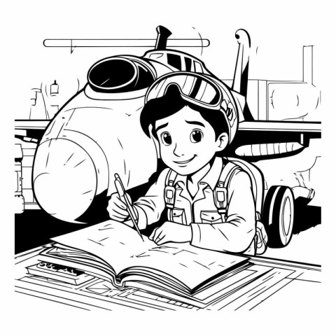 Cartoon illustration of a boy in pilot uniform writing in a book