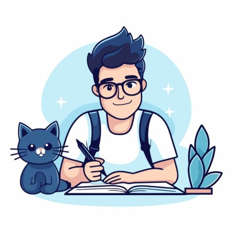 Vector illustration of a man in glasses writing in a notebook wi