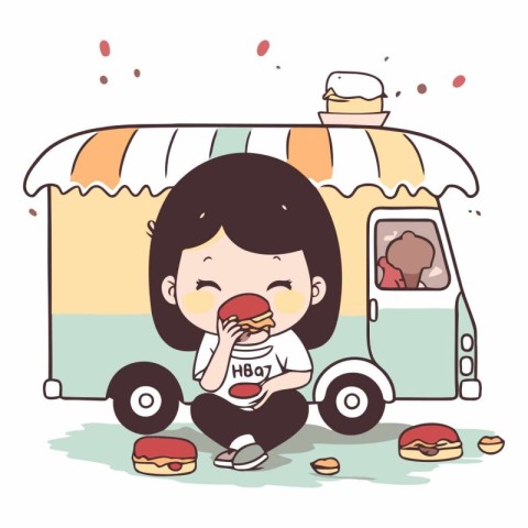 Illustration of a Girl Eating a Hamburger and a Fast Food Truck