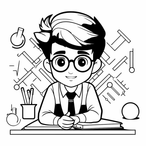 Vector illustration of schoolboy in eyeglasses doing homework. B