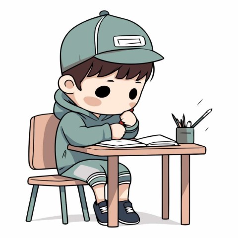 Cute little boy doing homework at the table.