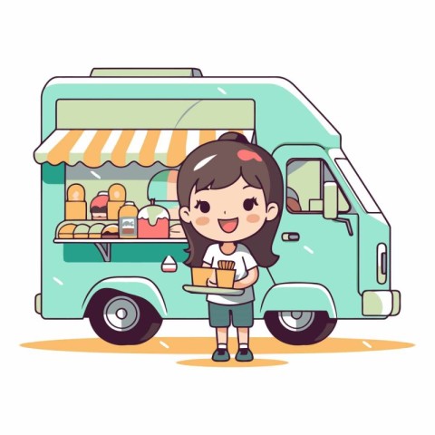 Cute little girl with a fast food truck.