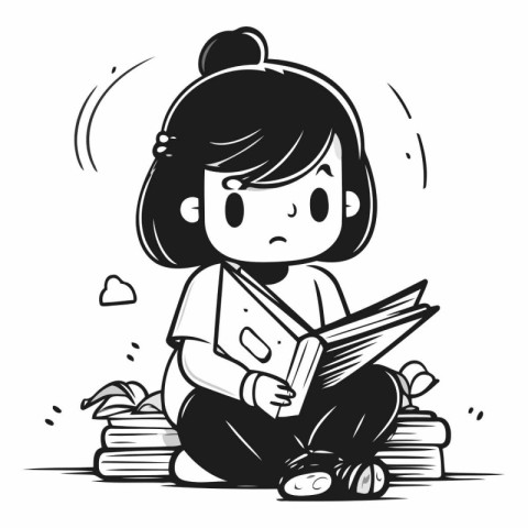 Girl reading a book in doodle style.