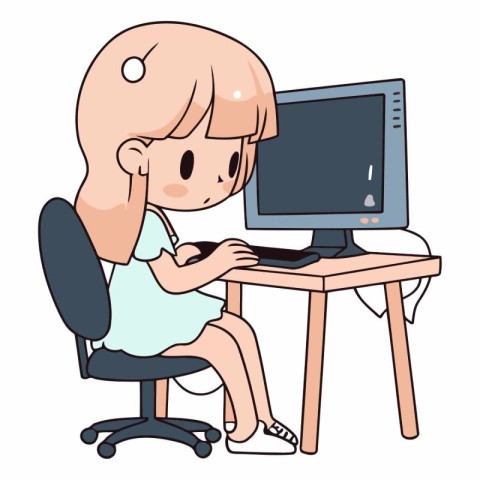 Girl using a computer while sitting at the desk.