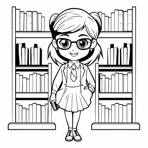 cute little student girl in library cartoon vector illustration