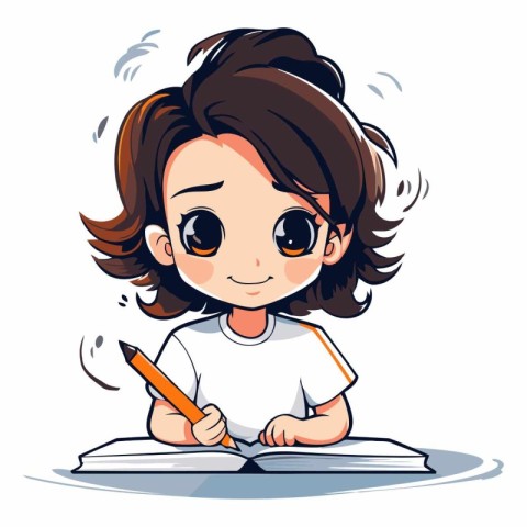 Cute little girl writing in a notebook. Vector cartoon illustrat