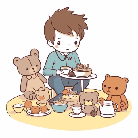 Cute boy having breakfast with his teddy bears.