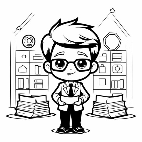 Businessman cartoon in black and white graphic design.