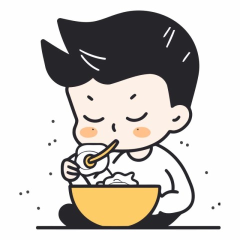 Illustration of a boy eating a bowl of noodle - Vector