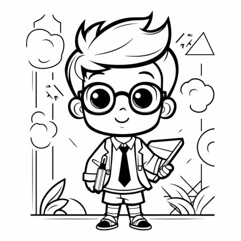 Black and White Cartoon Illustration of Cute Schoolboy or Elemen