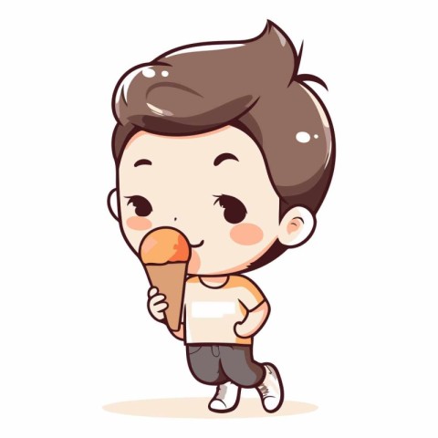 Cute boy eating ice cream in waffle cone.