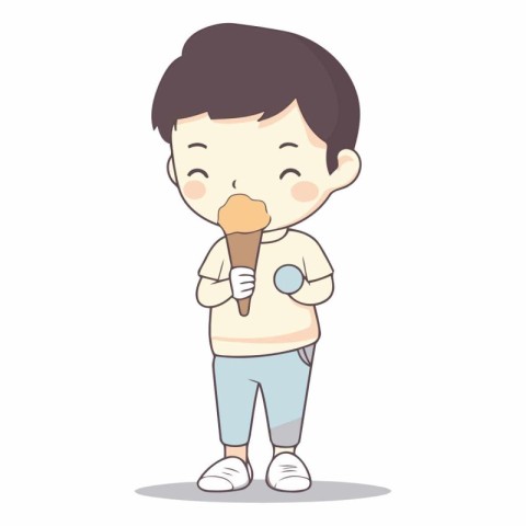 cute boy eating ice cream on white background.