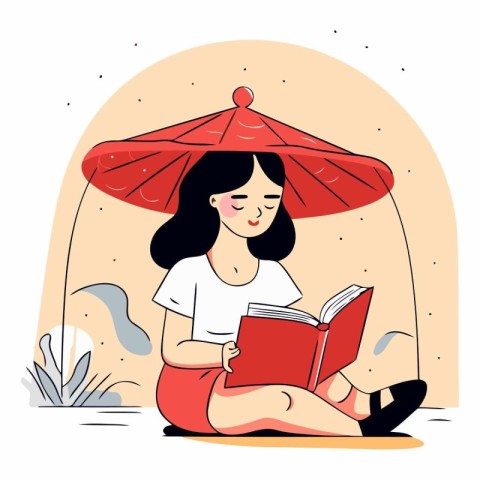 Young woman reading a book under a red umbrella.