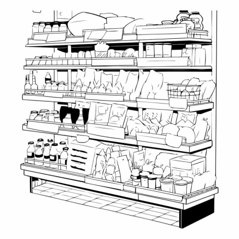 Supermarket shelves with food products. Black and white vector i