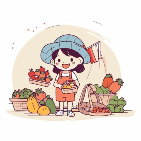 Girl with basket full of fruits and vegetables in cartoon style.