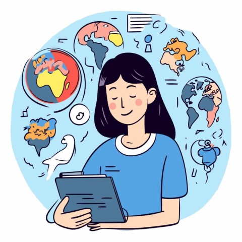 Vector illustration of a young woman with a tablet in her hands.