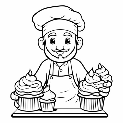 Black and White Cartoon Illustration of a Chef with Cupcakes for