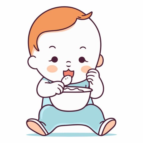 Cute little baby boy eating cereals in cartoon style.