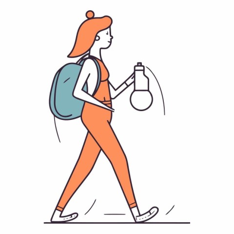 Woman with backpack and lightbulb in thin line style.