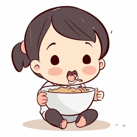 Illustration of a Cute Little Girl Eating a Bowl of Cornflakes