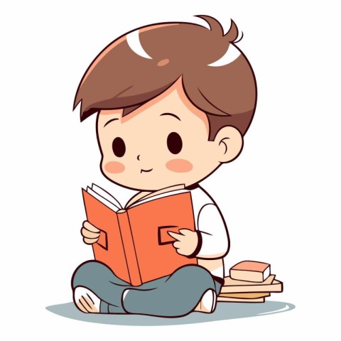 Little boy reading a book. Cute cartoon character.