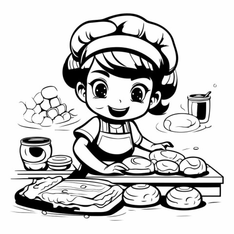 Black and White Cartoon Illustration of Cute Little Girl Chef Co