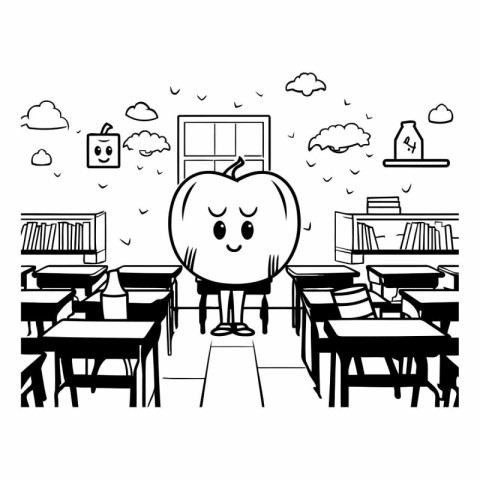 Black and White Cartoon Illustration of Cute Apple in School Cla