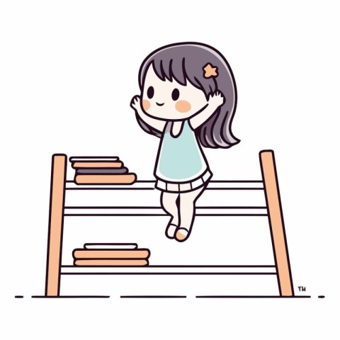 Girl sitting on a wooden shelf in front of a book and reading