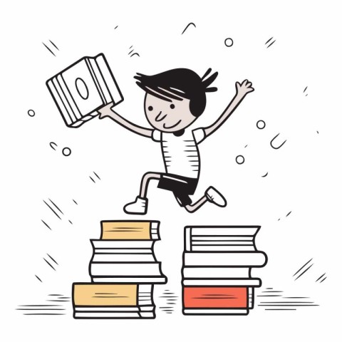 Boy jumping over a stack of books in cartoon style.