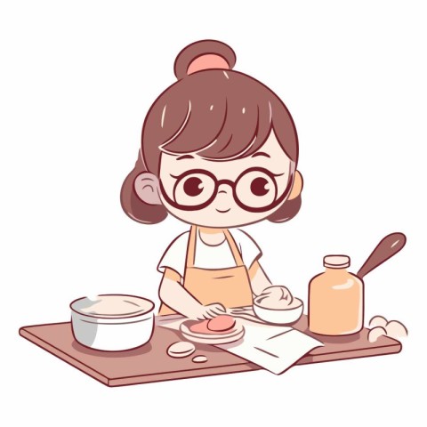 Illustration of a Little Girl Making Cookies in the Kitchen. Vec