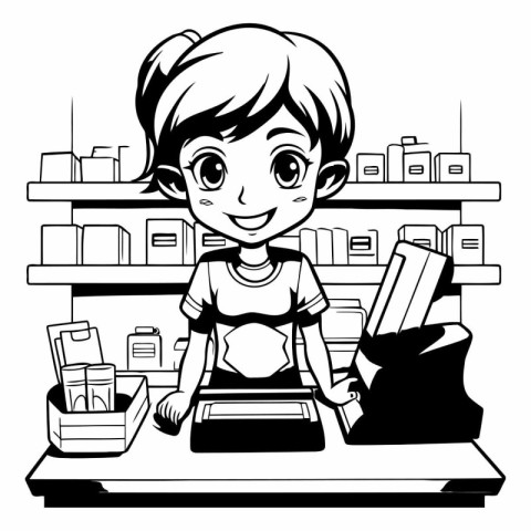 Black and white illustration of a young woman at the cash regist