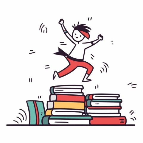 Happy boy jumping on stack of books in doodle style.