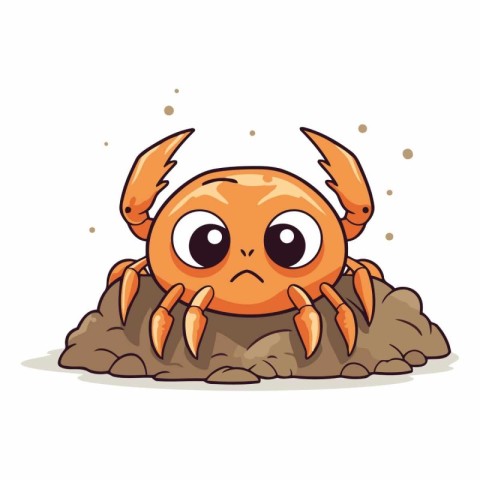 Cute cartoon crab on a rock isolated on white background.