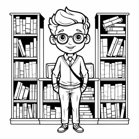 Cute schoolboy cartoon in library black and white vector illustr