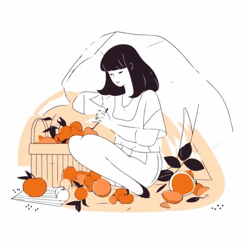 Girl with a basket of tangerines in sketch style.