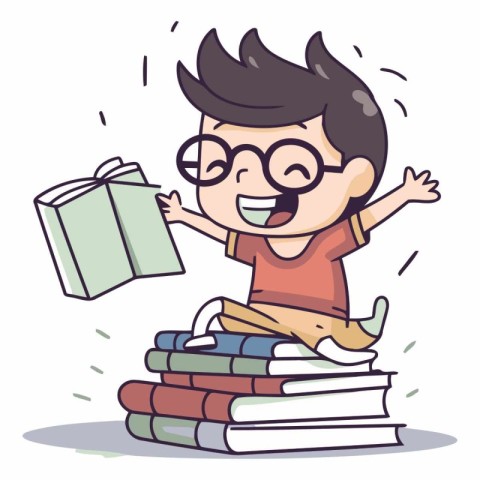 boy with pile of books and gift box. vector cartoon illustration