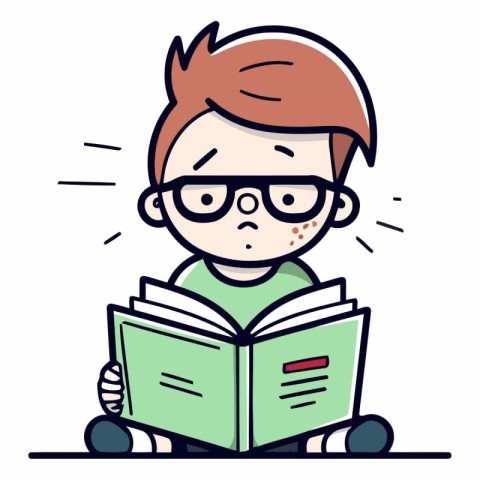 Cute boy reading a book in cartoon style.