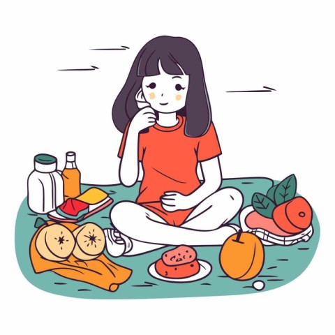 Illustration of a girl sitting on the floor with a lot of food