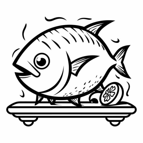 Black and White Cartoon Illustration of Cute Fish Skateboarder C