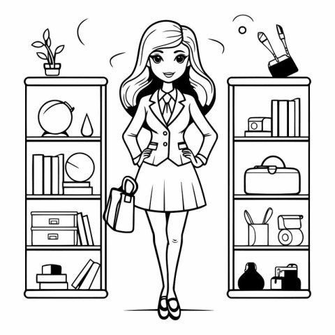 Beautiful business woman in the office. Black and white vector i