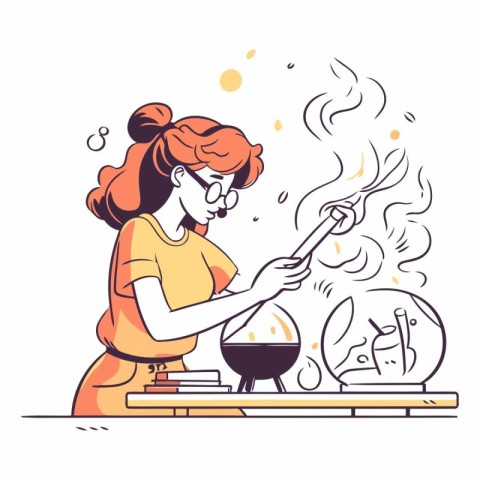 Vector illustration of a young woman preparing a potion in a cau