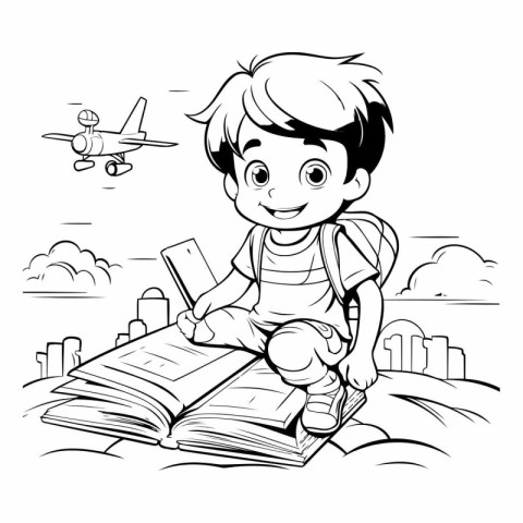 Boy Reading a Book - Black and White Cartoon Illustration. Vecto