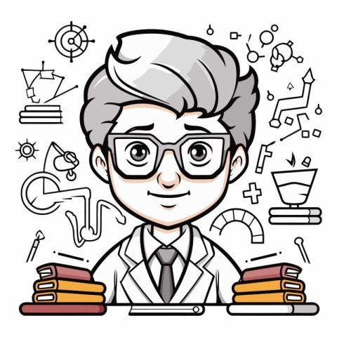 Funny cartoon scientist in glasses with a set of science related