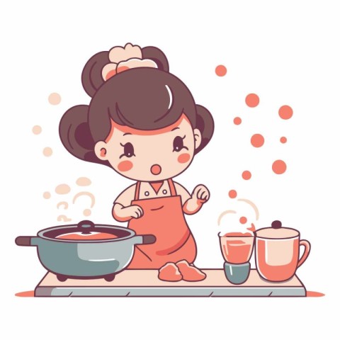 Cute little girl cooking soup in the kitchen.