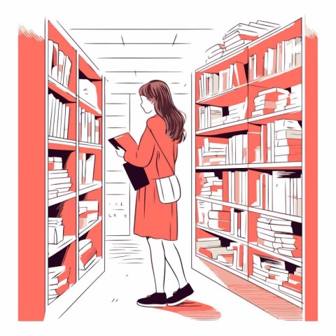 Vector illustration of young woman standing in library and choos