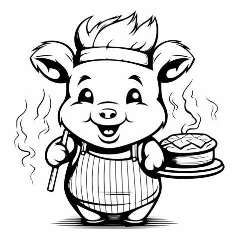 Cute Smiling Pig Chef - Black and White Cartoon Illustration