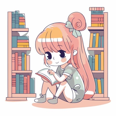 Cute little girl reading a book in library.