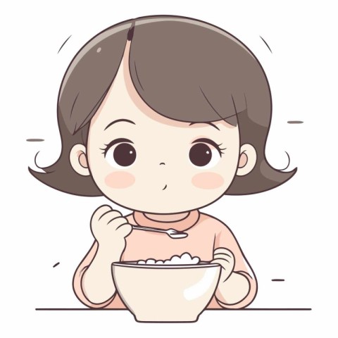 Illustration of a Cute Little Girl Eating a Bowl of Rice