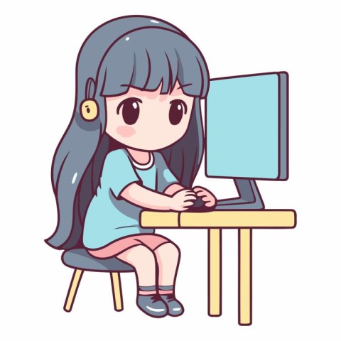 Girl using computer at home in a flat style.