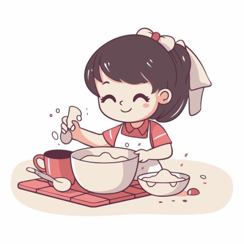 Cute little girl making dough in cartoon style.